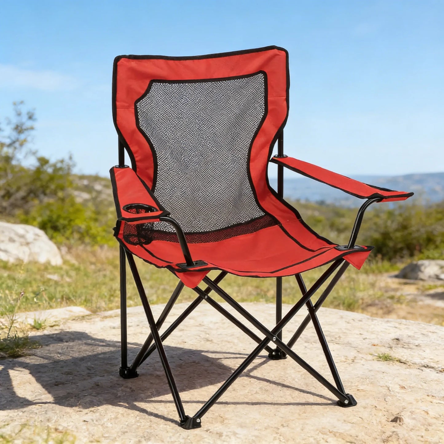Mesh Camping Chair with Adjustable Arms, Cup Holder & Bag