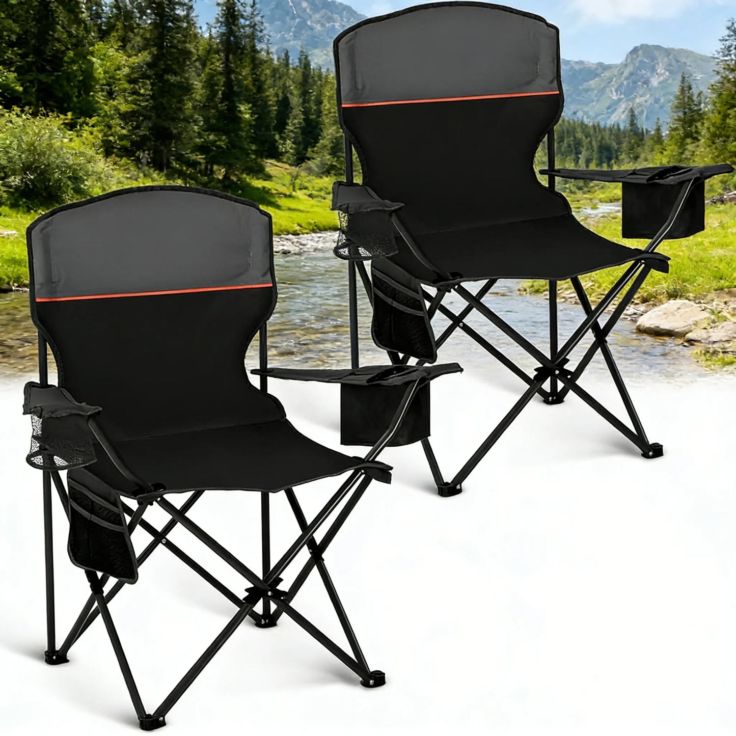 2-Pack Folding Camping Chairs with Cooler, Pocket & Cup Holder