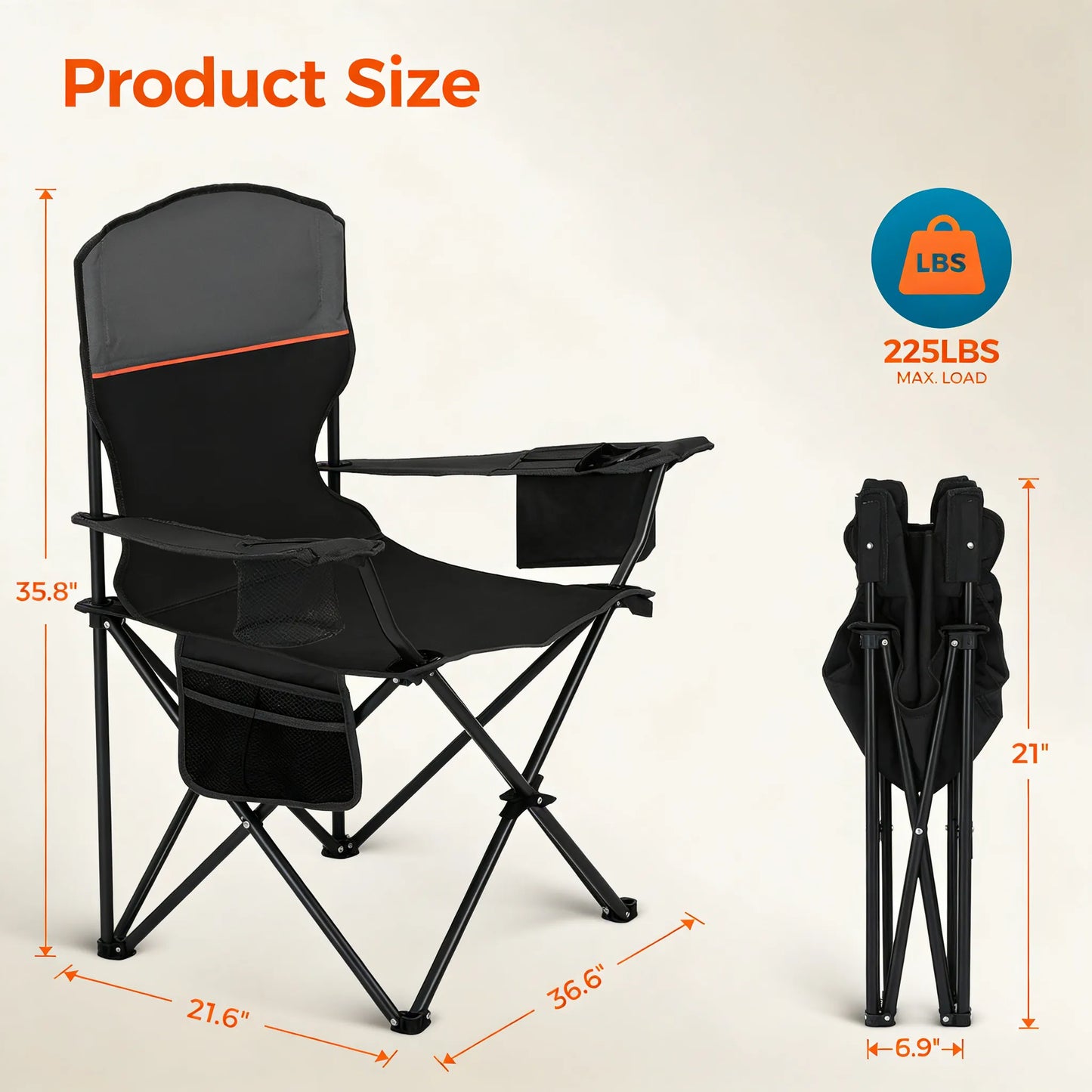 2-Pack Folding Camping Chairs with Cooler, Pocket & Cup Holder